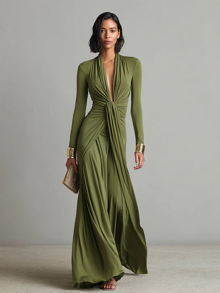 Olive Silk-Feel V-Neck Maxi Dress
