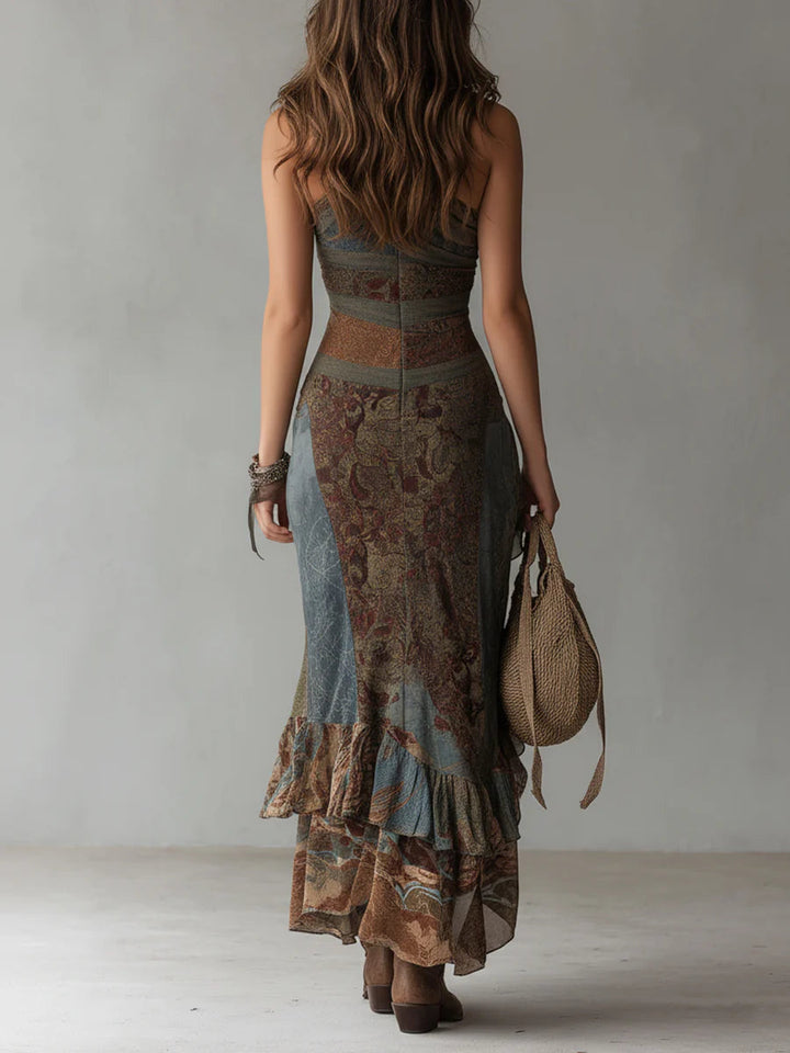 Elena - One-Shoulder Asymmetric Maxi Dress with Ethnic Print and High Slit
