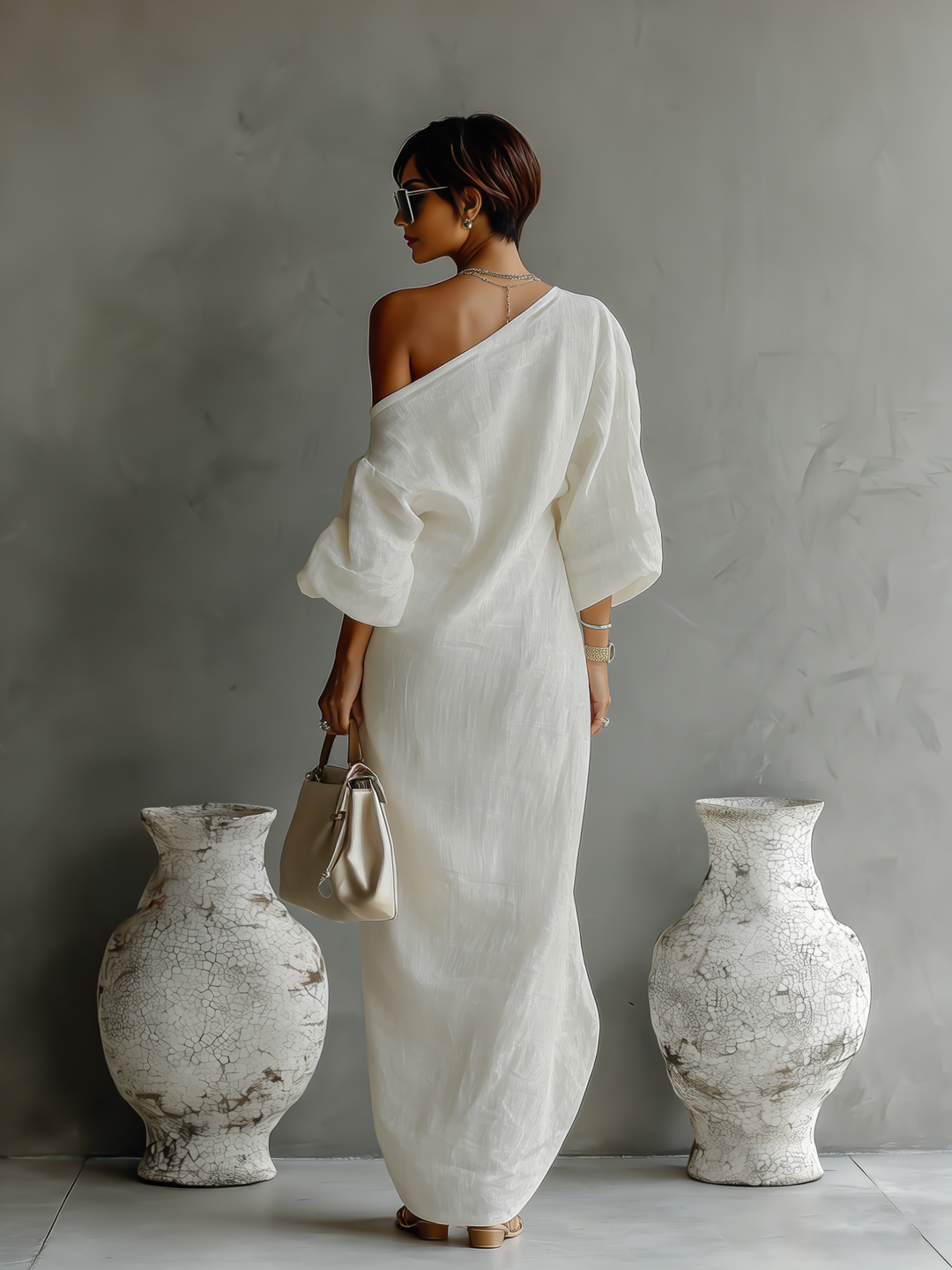 Ivory Off-Shoulder Linen-Blend Dress