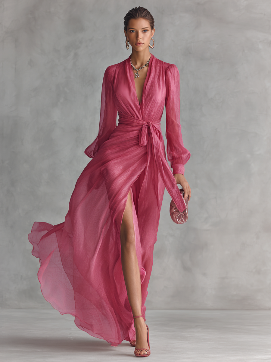 Pink Beaded Chiffon V-Neck Dress