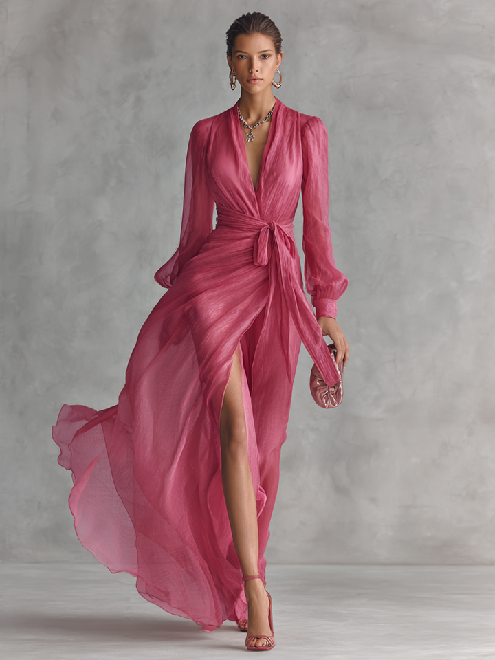 Pink Beaded Chiffon V-Neck Dress