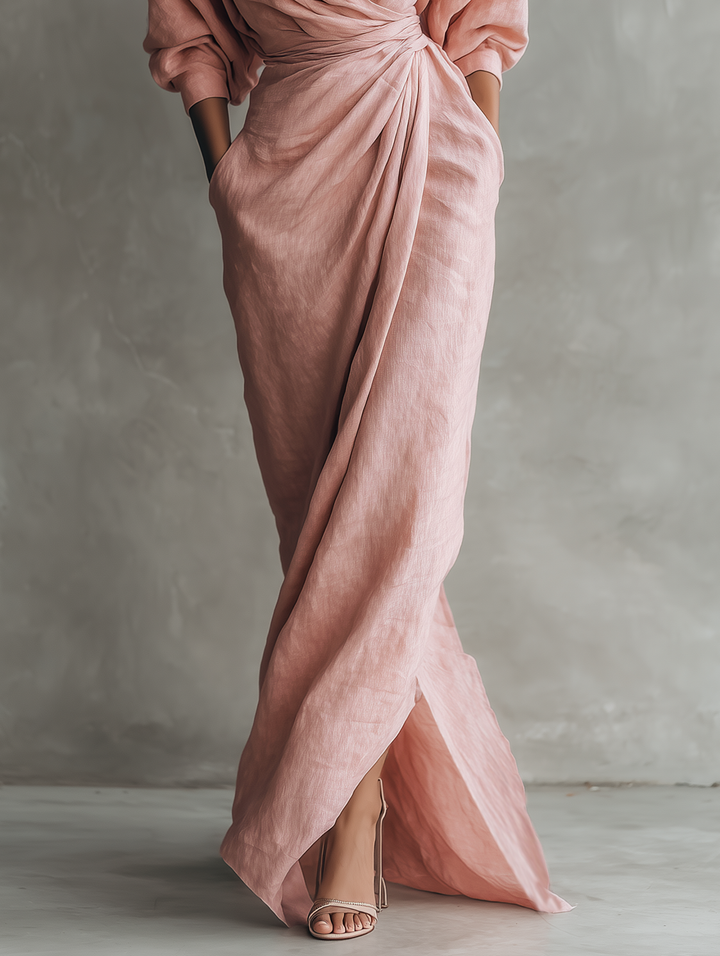 Pink Linen-Blend V-Neck Maxi Dress