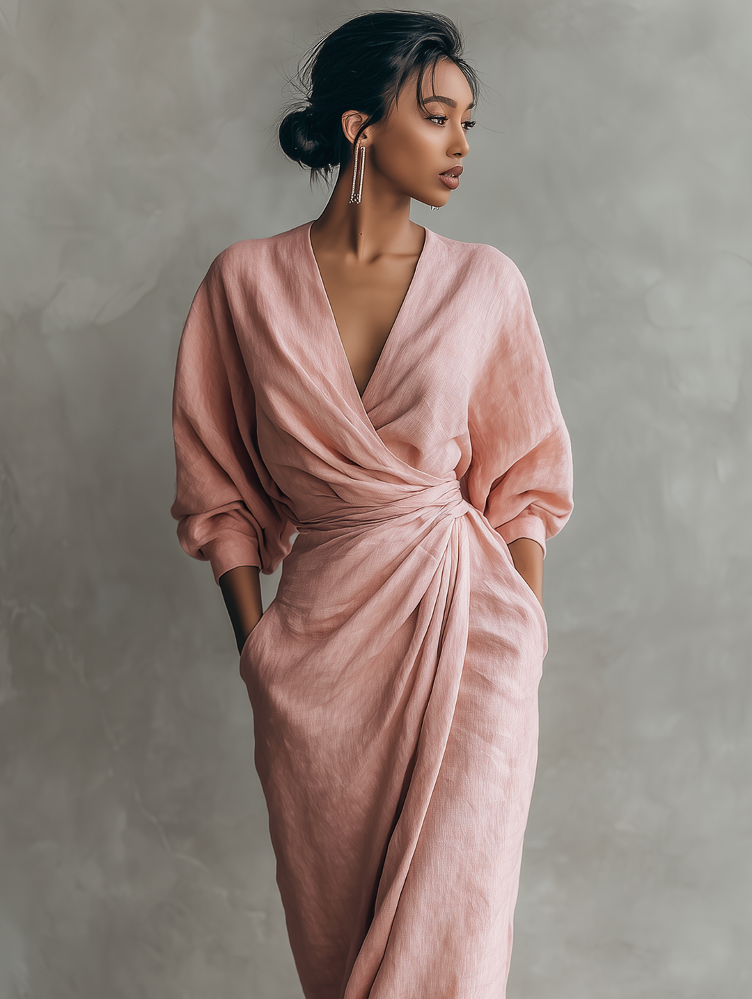 Pink Linen-Blend V-Neck Maxi Dress