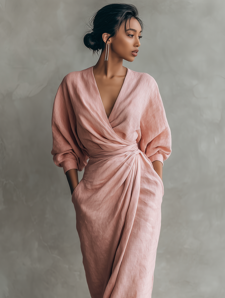 Pink Linen-Blend V-Neck Maxi Dress