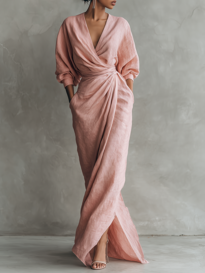 Pink Linen-Blend V-Neck Maxi Dress
