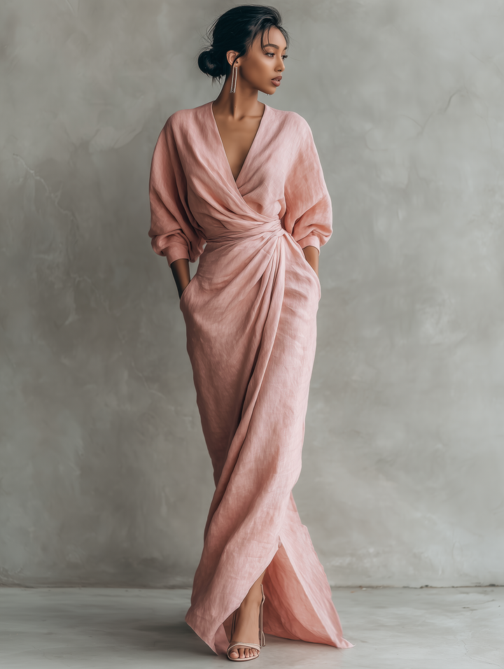 Emma - Minimalist Pink Linen-Blend V-Neck Dress