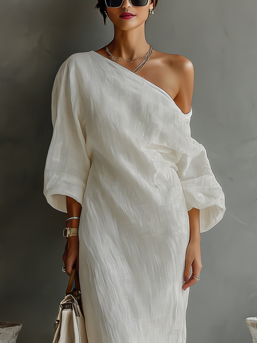 Ivory Off-Shoulder Linen-Blend Dress