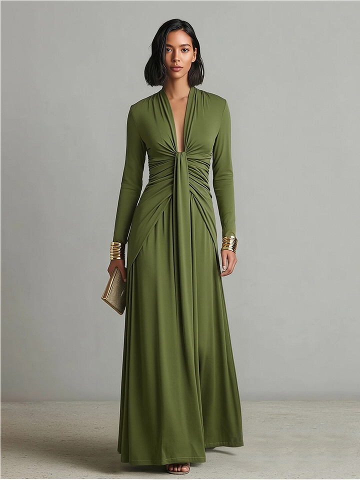 Olive Silk-Feel V-Neck Maxi Dress