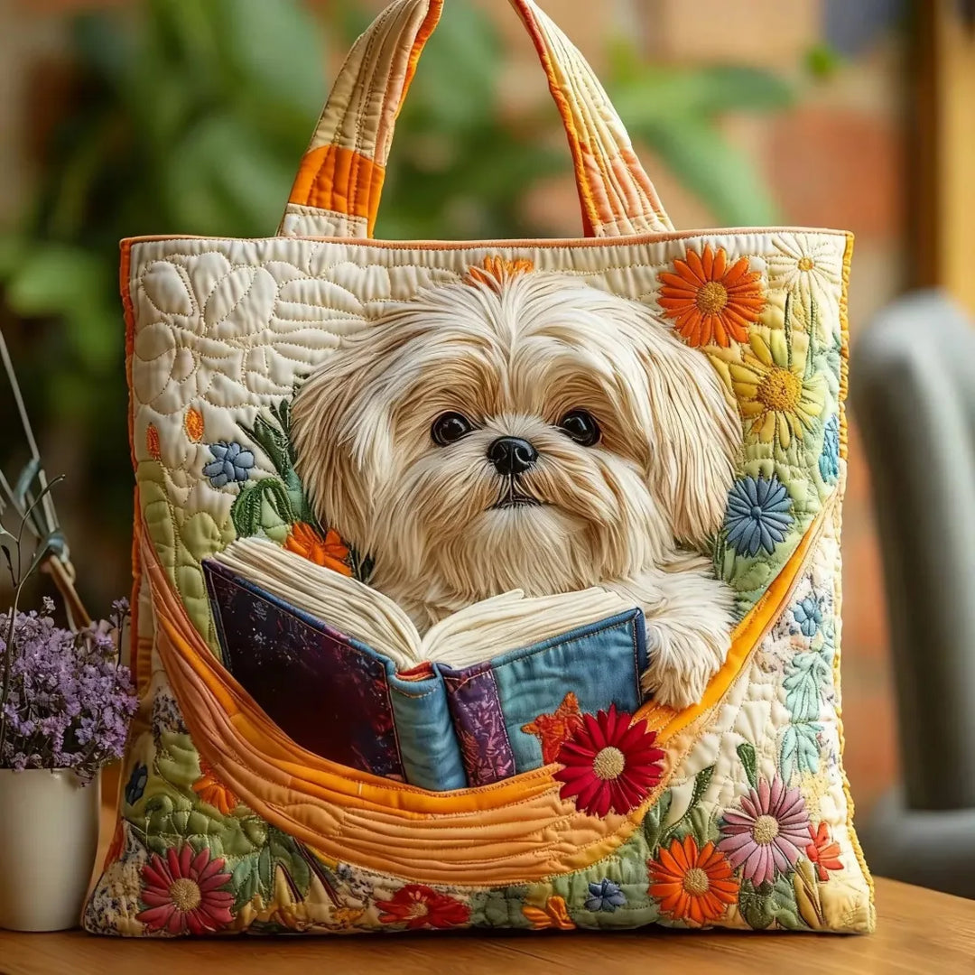 Shih Tzu with Books and Flowers Artisan Tote Bag