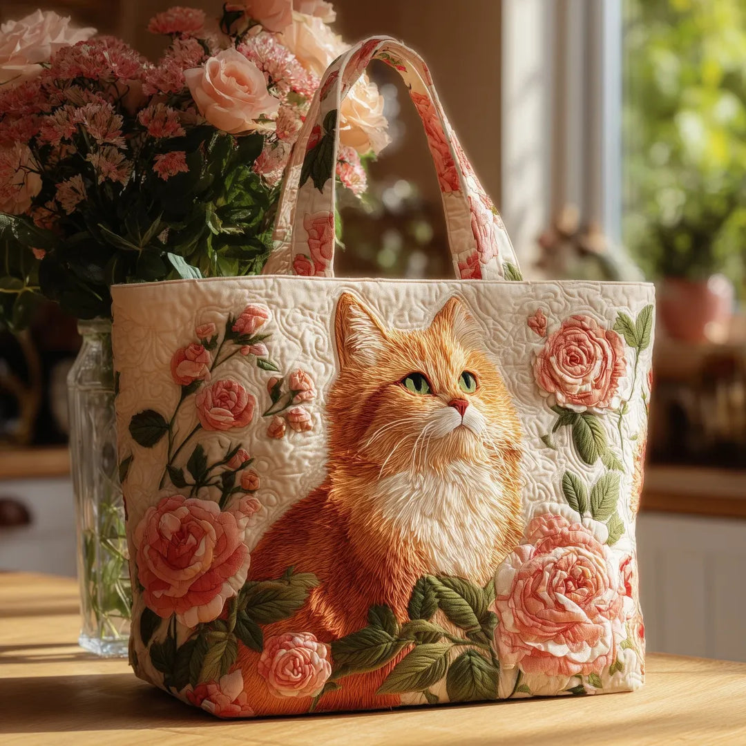 Ginger Cat with Roses Artisan Tote Bag
