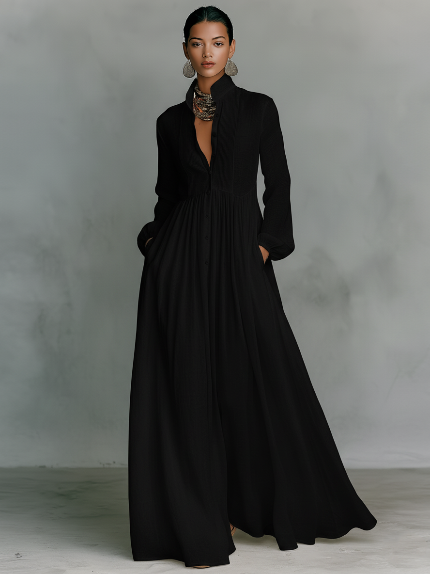 Patchwork Linen-Blend Maxi Dress with Stand Collar