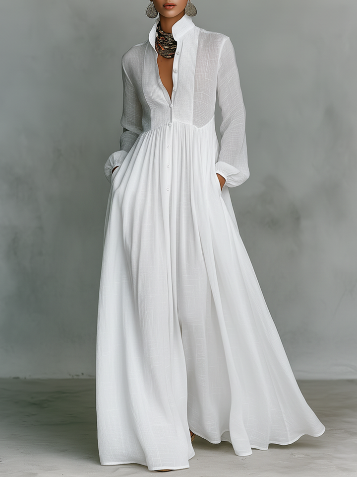 Patchwork Linen-Blend Maxi Dress with Stand Collar