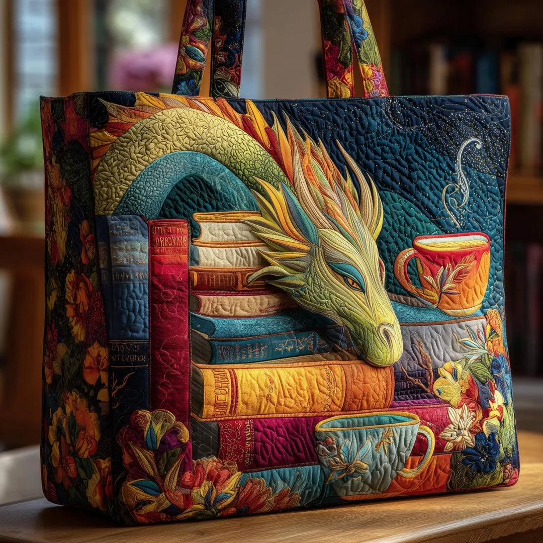 Reading Dragon with Books and Cups Artisan Tote Bag
