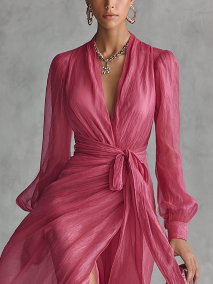 Pink Beaded Chiffon V-Neck Dress