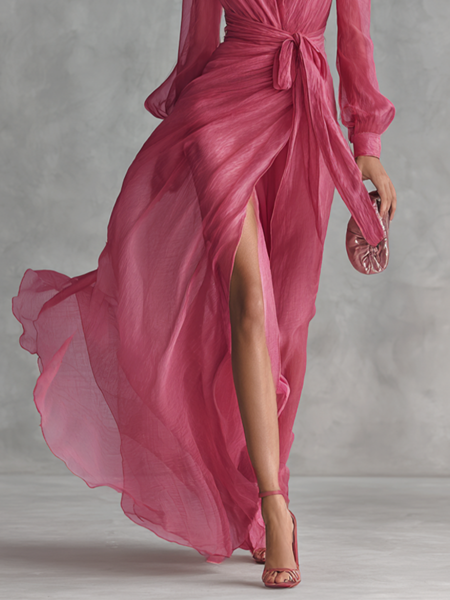 Pink Beaded Chiffon V-Neck Dress