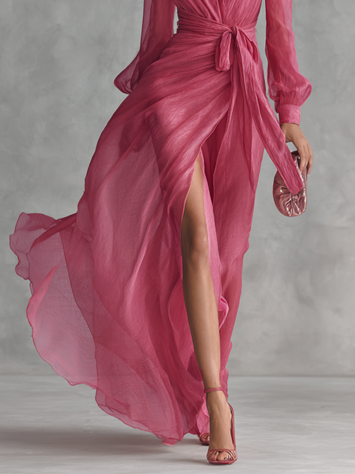 Pink Beaded Chiffon V-Neck Dress