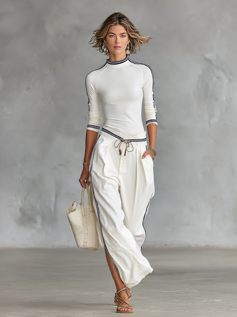 Sporty Wide-Leg Drawstring Pants Set