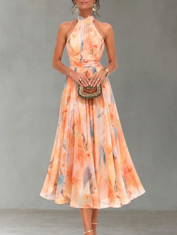 Aurora - Watercolour Print Halter Dress
