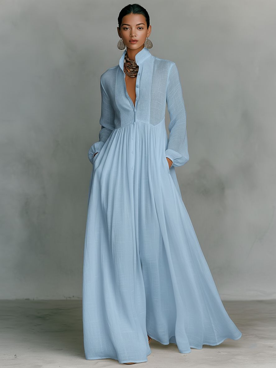 Patchwork Linen-Blend Maxi Dress with Stand Collar