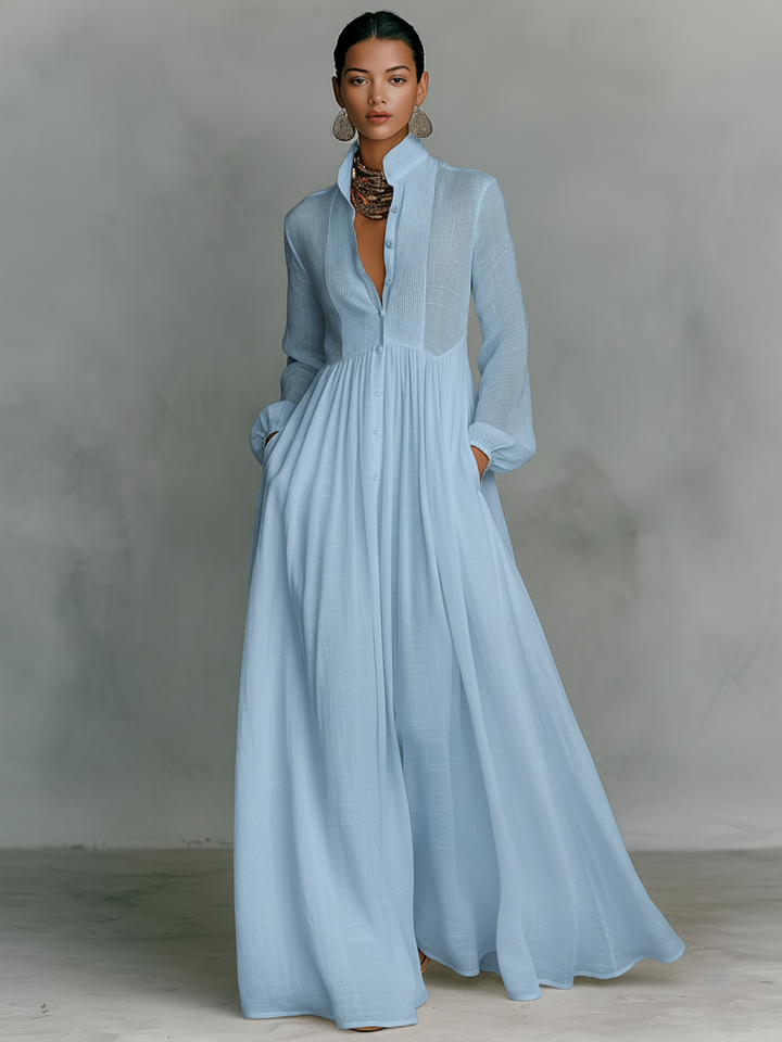 Patchwork Linen-Blend Maxi Dress with Stand Collar
