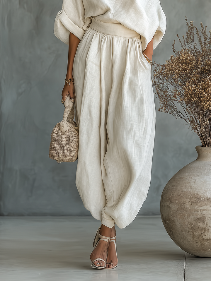 Off-Shoulder Linen-Blend Pants Set