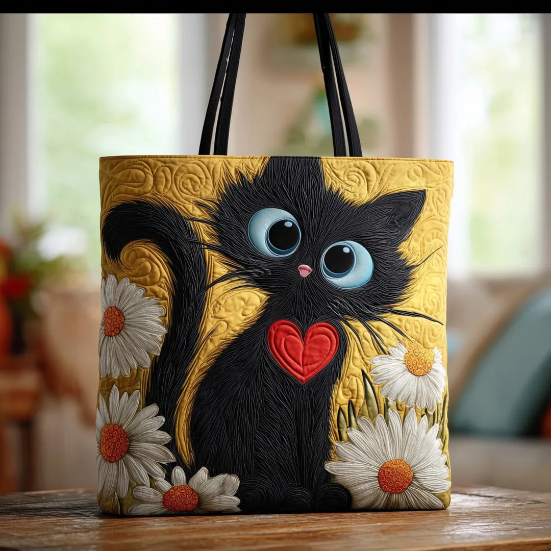 Black Cat with Daisies Artisan Tote Bag