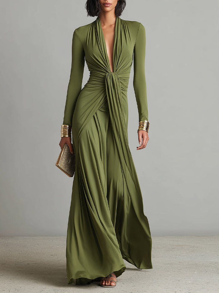 Olive Silk-Feel V-Neck Maxi Dress