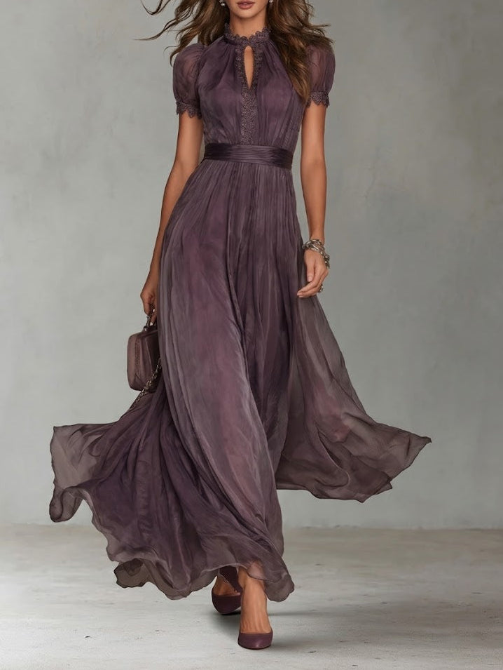 Flavia - Purple Chiffon Maxi Dress with Keyhole Neckline and Lace Trim