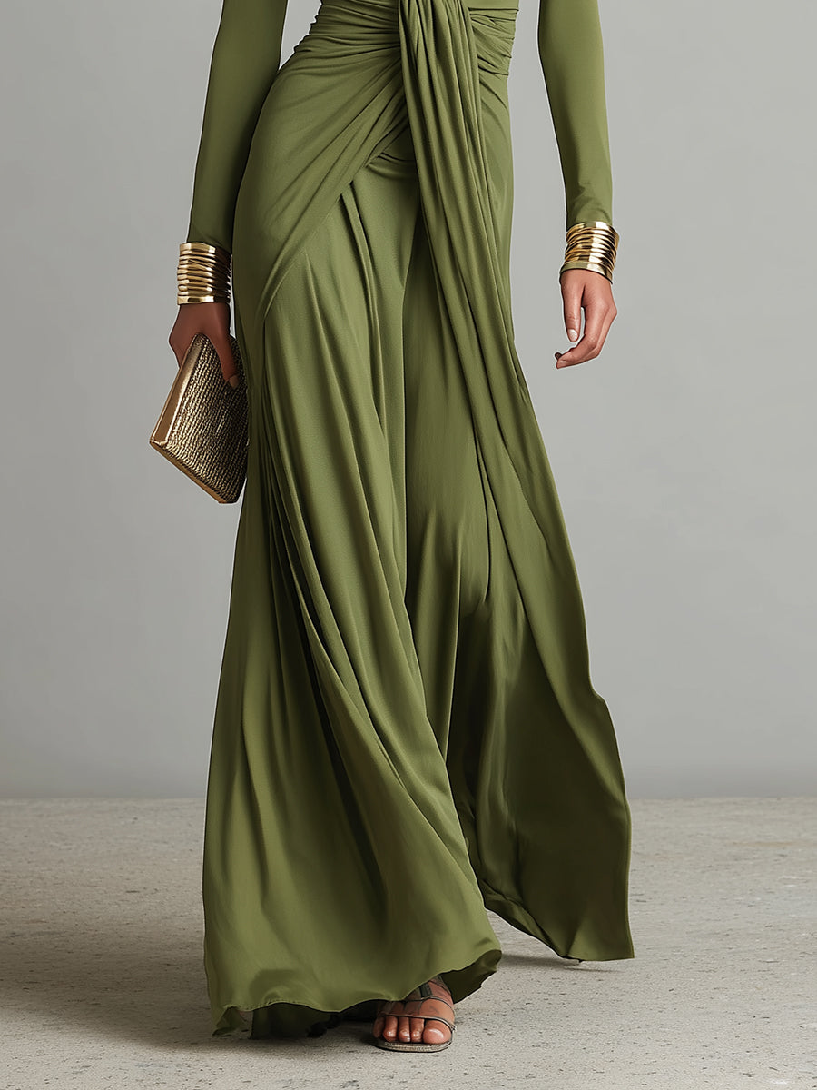 Olive Silk-Feel V-Neck Maxi Dress