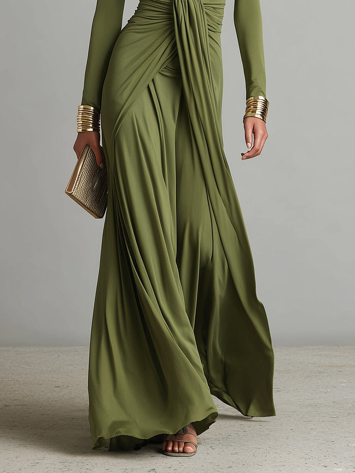 Olive Silk-Feel V-Neck Maxi Dress