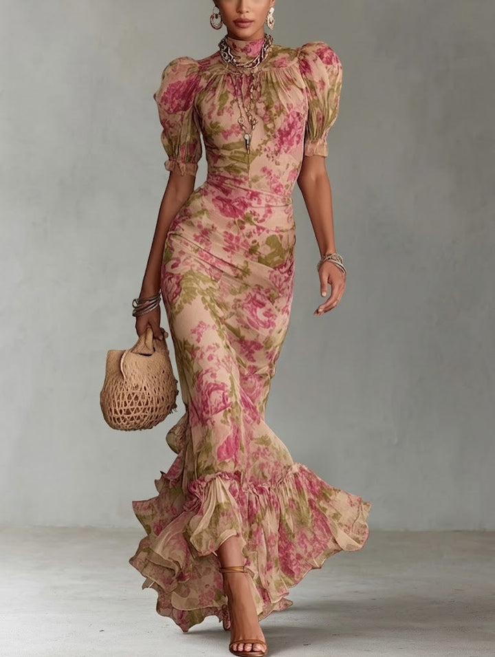 Fiora - Vintage Rose Print Maxi Dress with Puff Sleeves