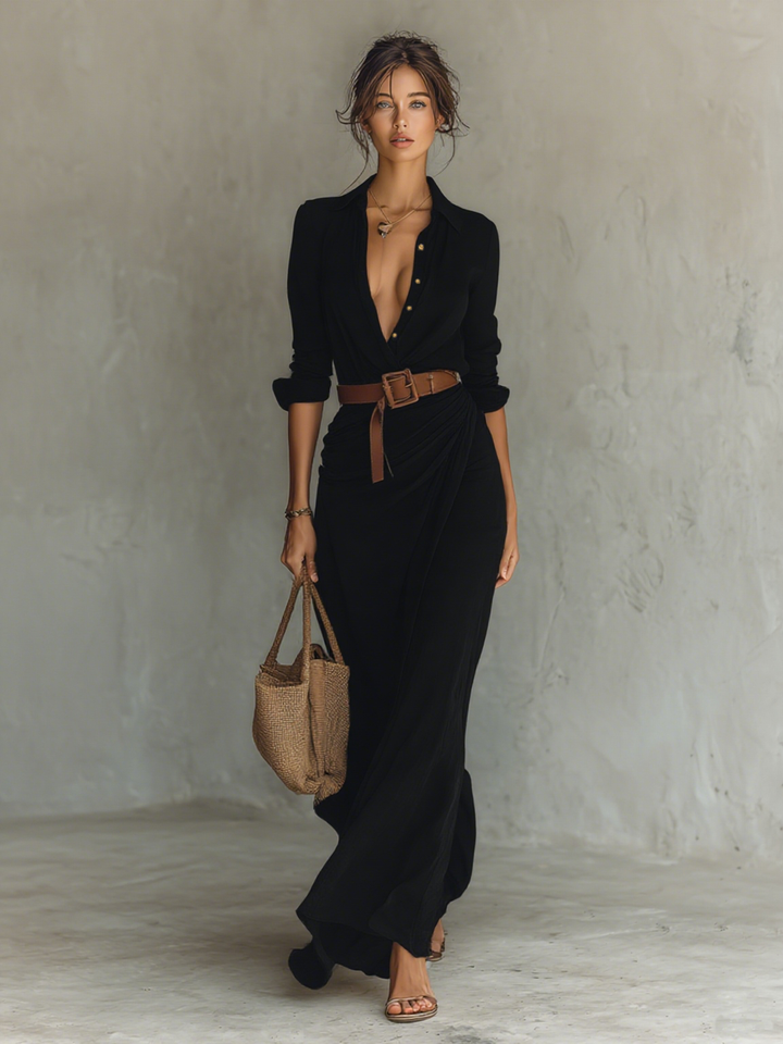 Long-Sleeve Maxi Dress with Lapel Collar