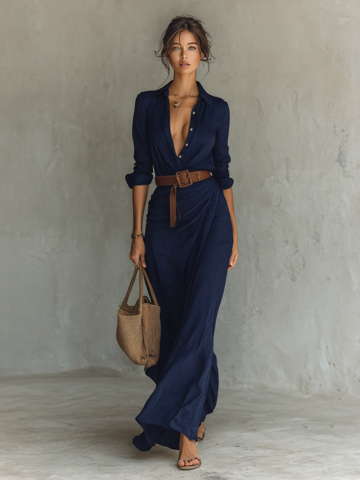 Long-Sleeve Maxi Dress with Lapel Collar