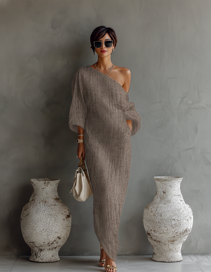 Ivory Off-Shoulder Linen-Blend Dress