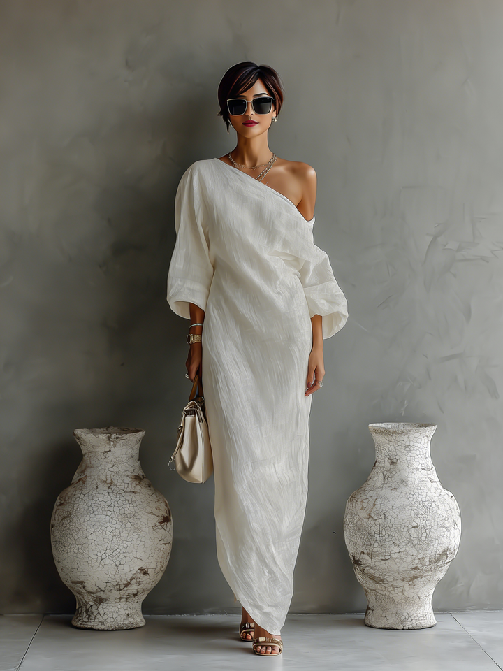 Ivory Off-Shoulder Linen-Blend Dress