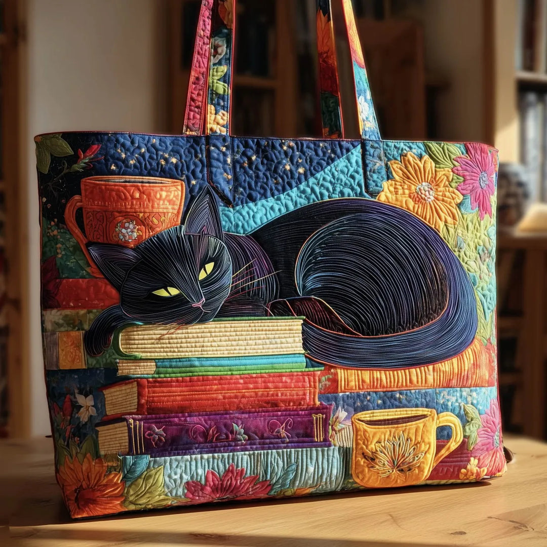 Black Cat with Books and Cups Artisan Tote Bag