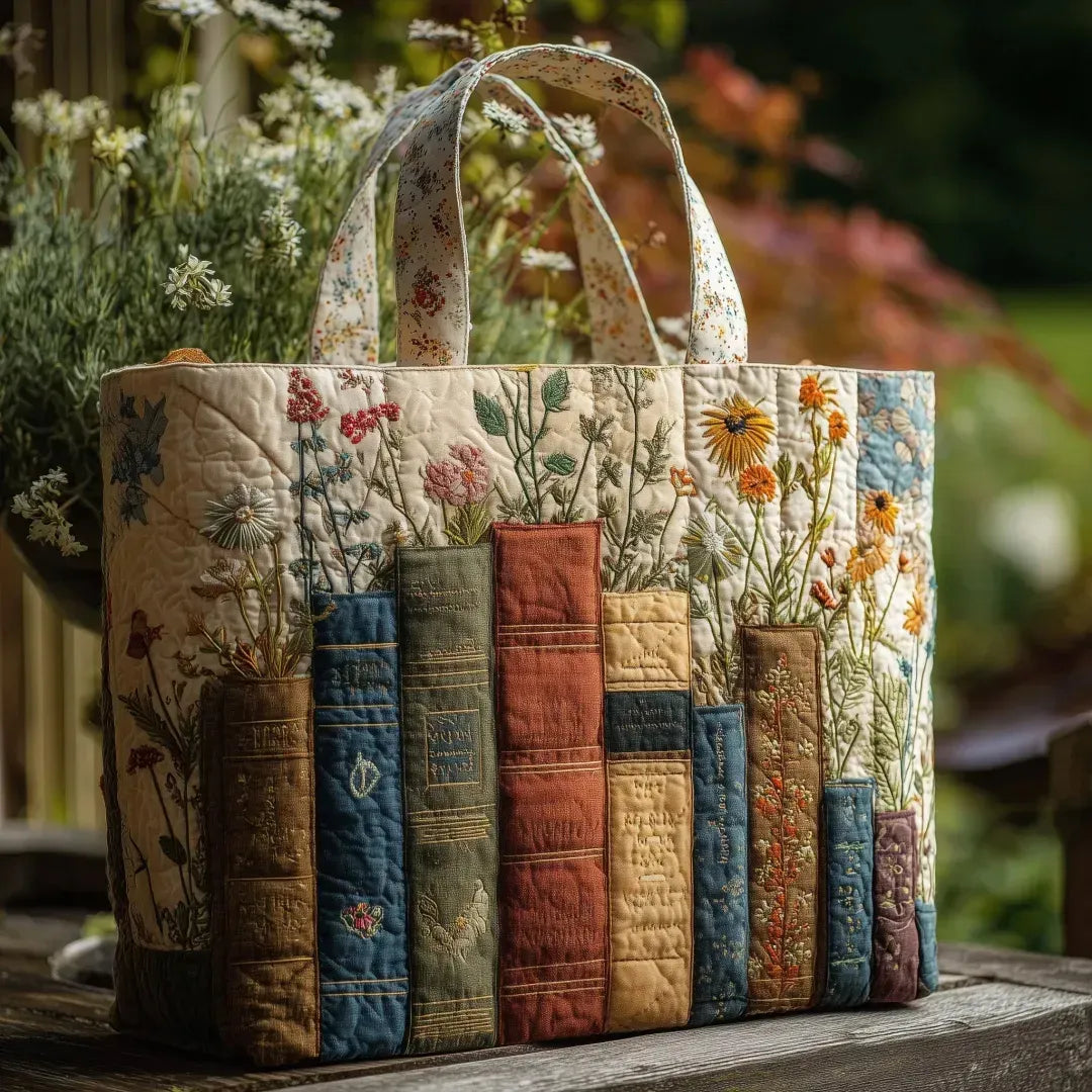 Books and Blooms Quilted Artisan Tote Bag