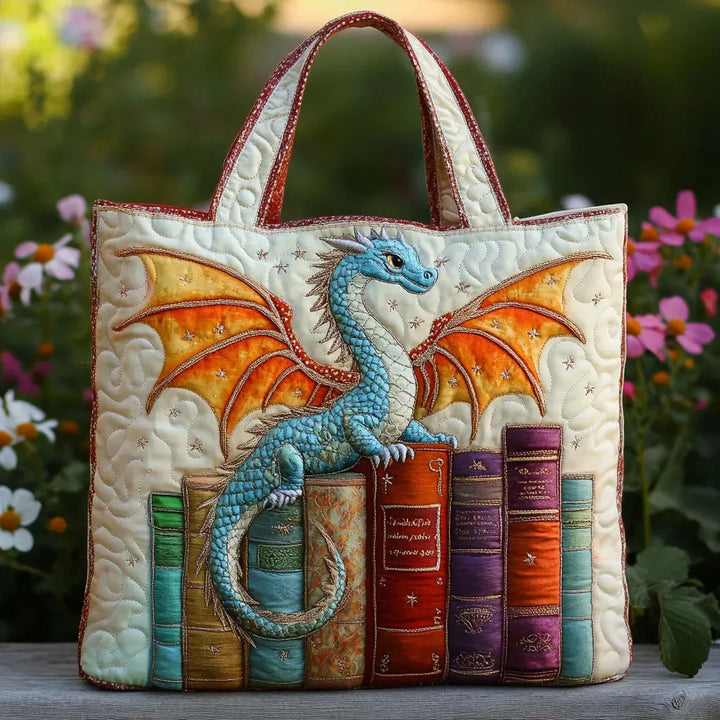 Emerald Book Guardian Dragon Quilted Tote Bag