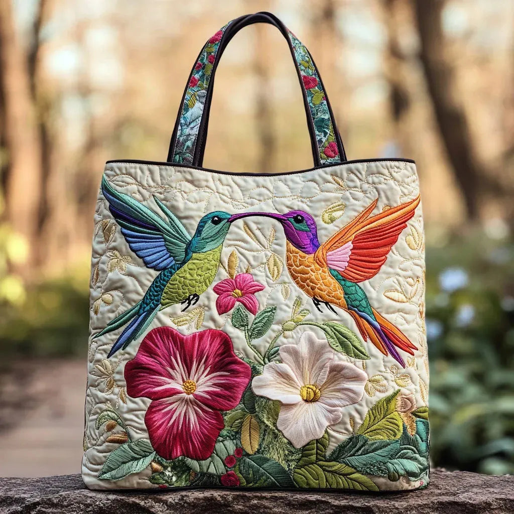 Hummingbird and White Flowers Quilted Tote Bag