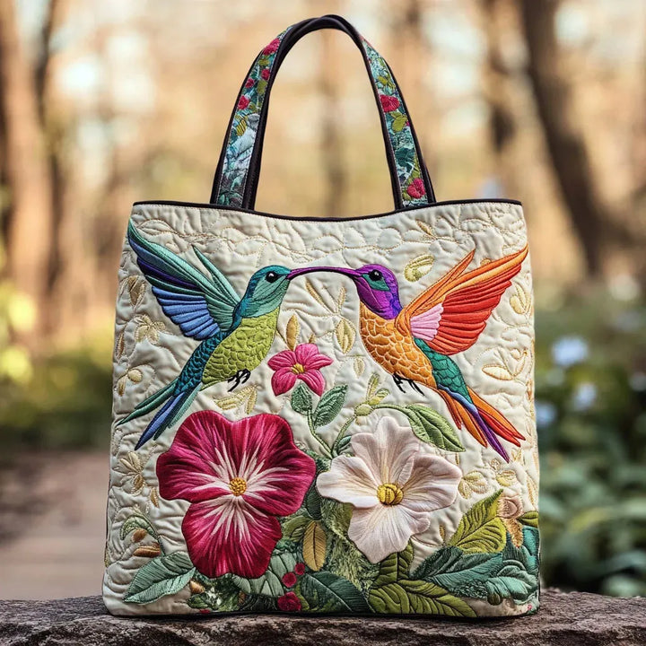 Hummingbird and White Flowers Quilted Tote Bag