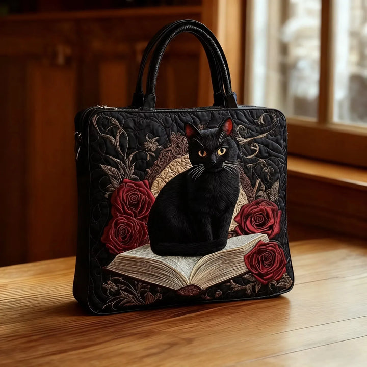 Black Cat on Books Quilted Artisan Tote Bag