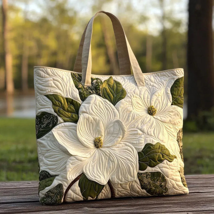 Elegant White Lilies Quilted Artisan Tote Bag