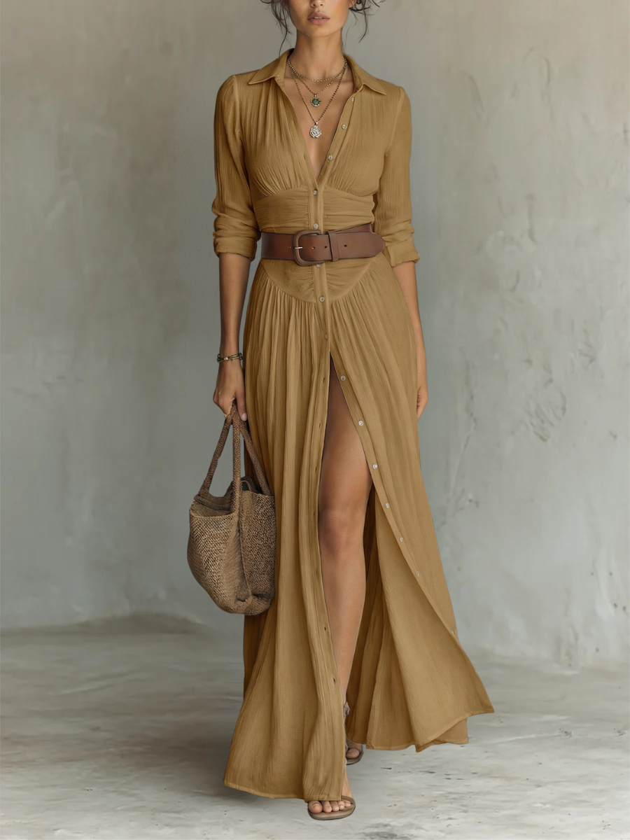 Long-Sleeve Linen Maxi Dress with Lapel Collar