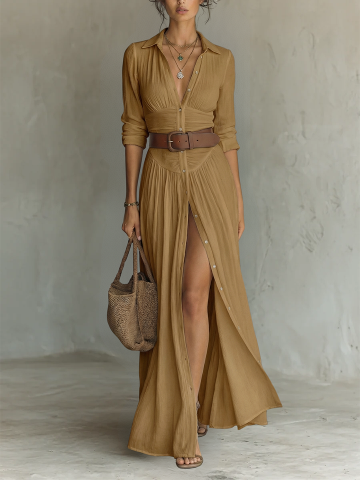 Long-Sleeve Linen Maxi Dress with Lapel Collar
