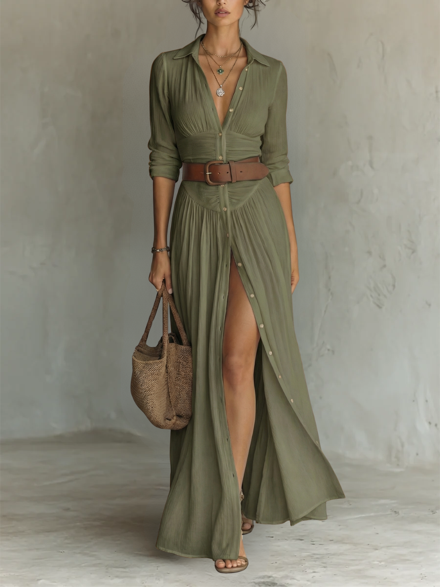 Long-Sleeve Linen Maxi Dress with Lapel Collar