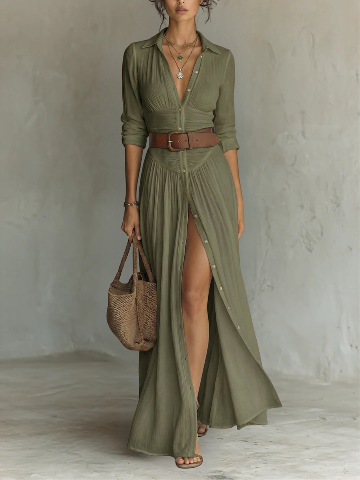 Long-Sleeve Linen Maxi Dress with Lapel Collar