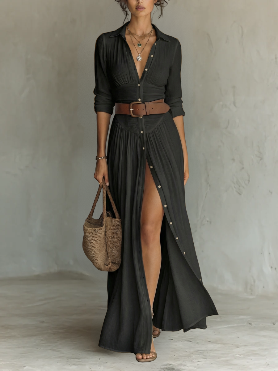 Long-Sleeve Linen Maxi Dress with Lapel Collar