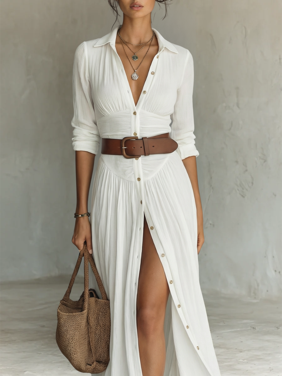 White Linen-Blend Pleated Maxi Dress