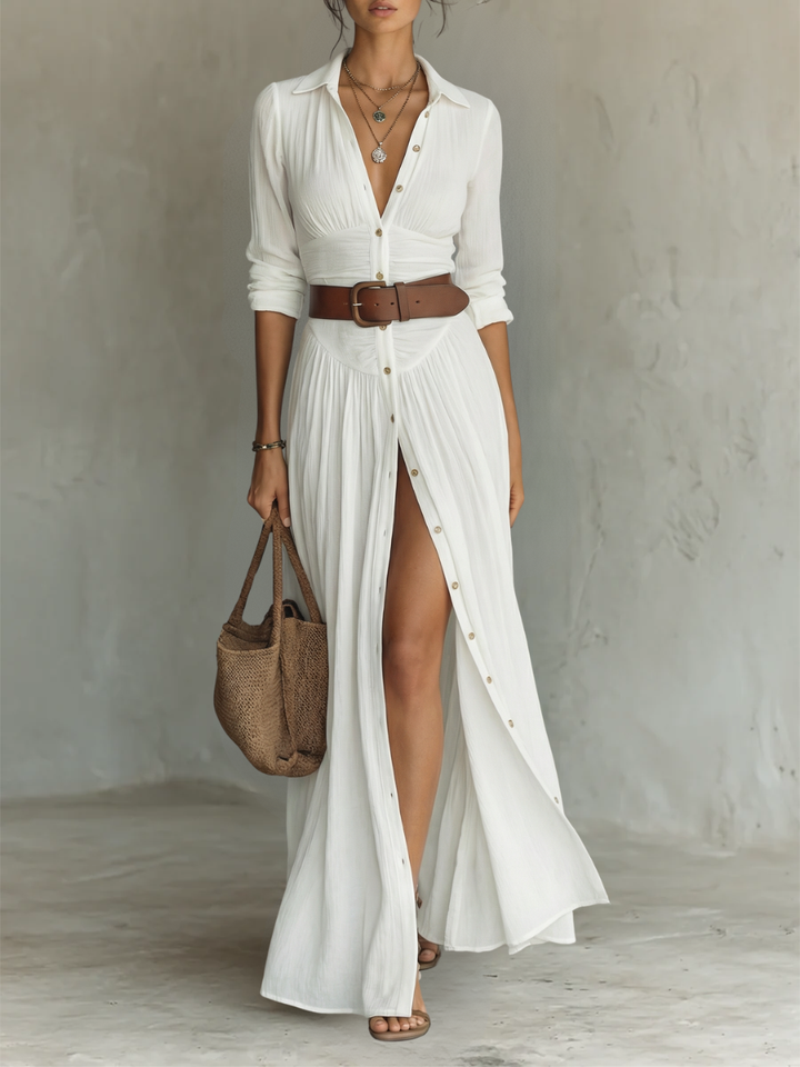 White Linen-Blend Pleated Maxi Dress