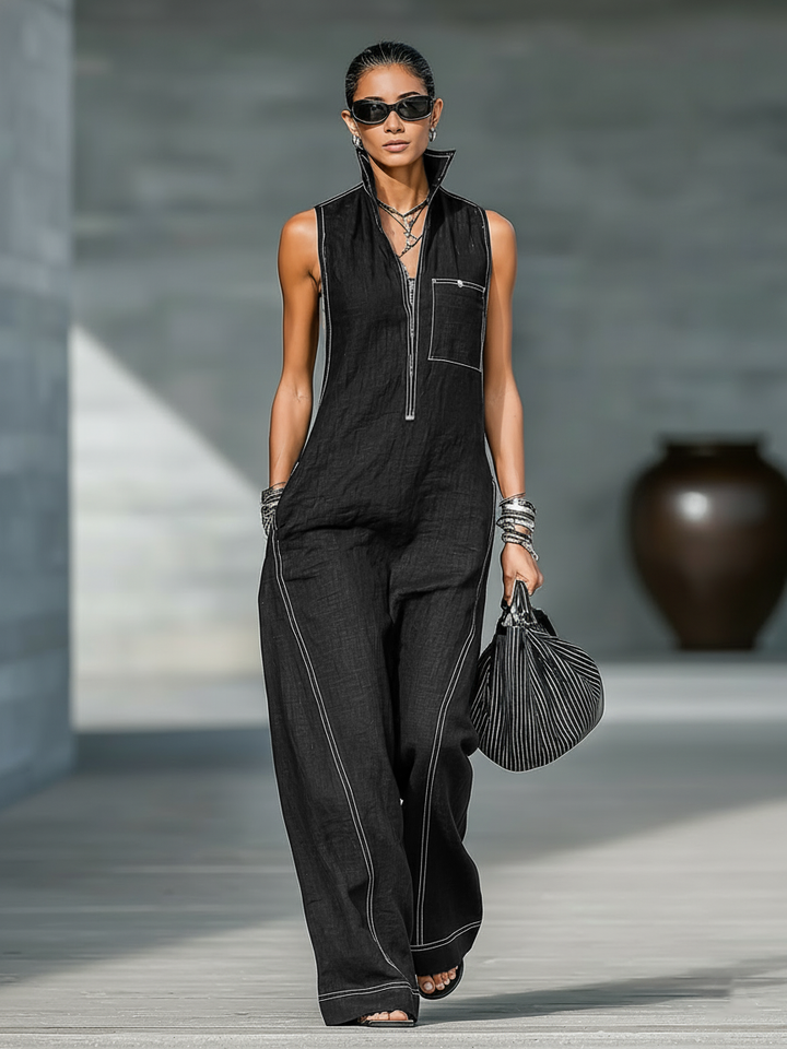 Sleeveless Jumpsuit with White Trim